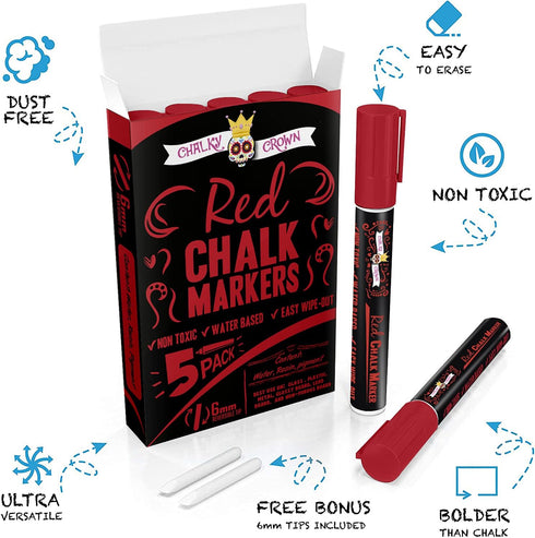 CHALKY CROWN 5 Pack Liquid Chalk Marker Pen - 6mm Reversible Tip for Chalkboard Signs, Windows, Blackboard, Glass (Red)