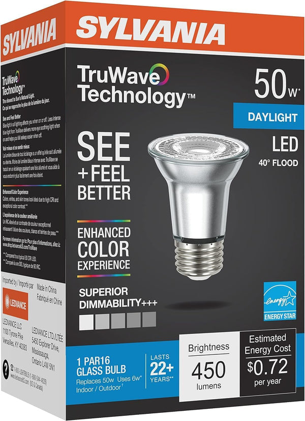 Sylvania LED TruWave Natural Series PAR16 Light Bulb, 50W Equivalent Efficient 6W, Dimmable, 5000K, 1 Count