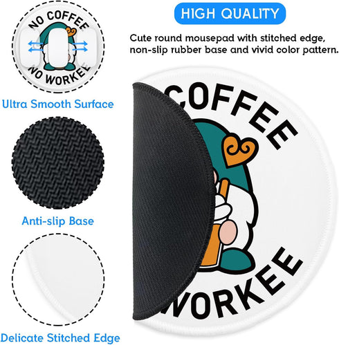 YAZMEEN No Coffee No Workee Mouse Pad, Funny Gnome Mousepad with Non-Slip Rubber Base, Cute Round Mouse Mat