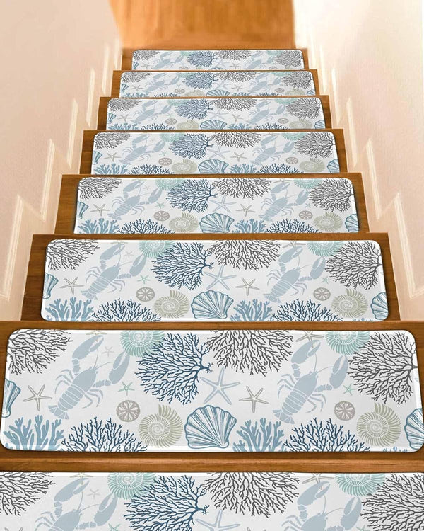 BOHOOSKYLAR Blue Lobster Stair Treads Ocean Starfish Shell Coral Marine Life Indoor Non