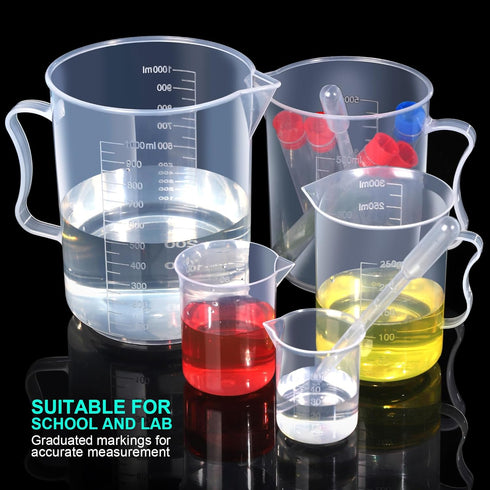 Teenitor Plastic Graduated Cylinder Beaker Set of 5pcs (10ml, 25ml, 50ml, 100ml, 250ml) and 5pcs Plastic Beakers