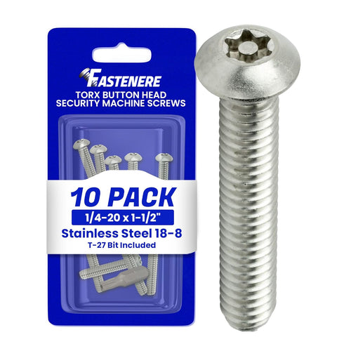 Torx Security Machine Screws, 1/4-20 x 1-1/2" (10-Pack), Stainless Steel, Tamper-Resistant, Button Head