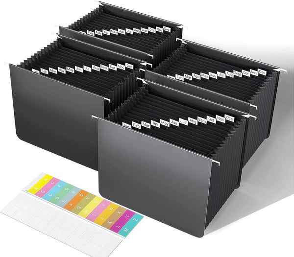 Black Hanging File Folders, Expanding File Organizer, Letter Size, 13 Accordion Pockets, Monthly Tabs, Durable Plastic