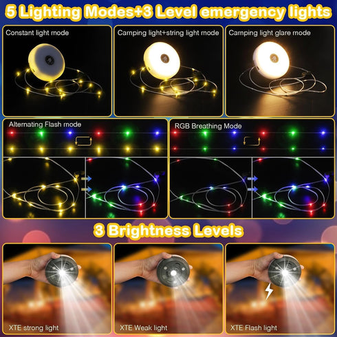 8 32.8FT 2 Pack Camping String Lights, Rechargeable Tent Lights String with Lighting Modes, Camping Essentials Gear