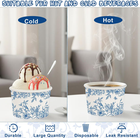 50 Blue Floral Treat Snack Cups - Pcs Blue and White Chinoiserie Disposable Ice Cream Cups Vintage Flower Paper Dessert