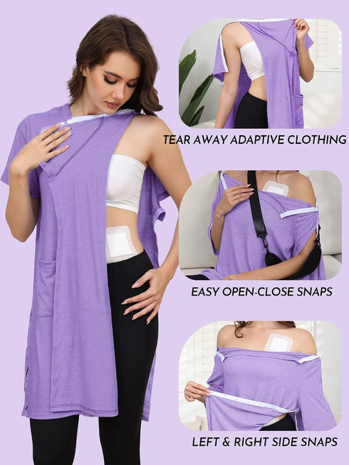 Women's Post Shoulder Surgery Tear Away Dress Short Sleeve Full Open Side Snap Adaptive Clothing with Pockets