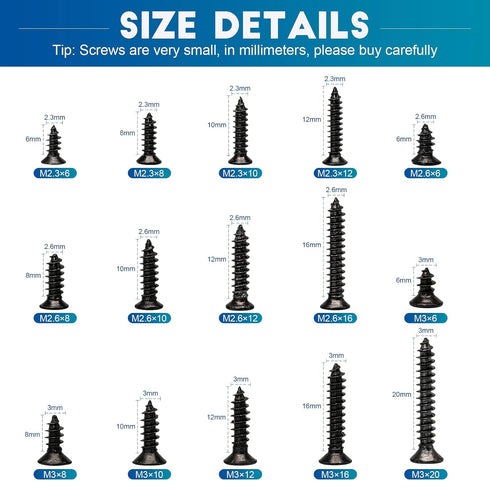 NINDEJIN 450 PCS Miniature Screws Assortment Set, Phillips Flat Head M2.3 M2.6 M3, Black Self-Tapping for Electronics