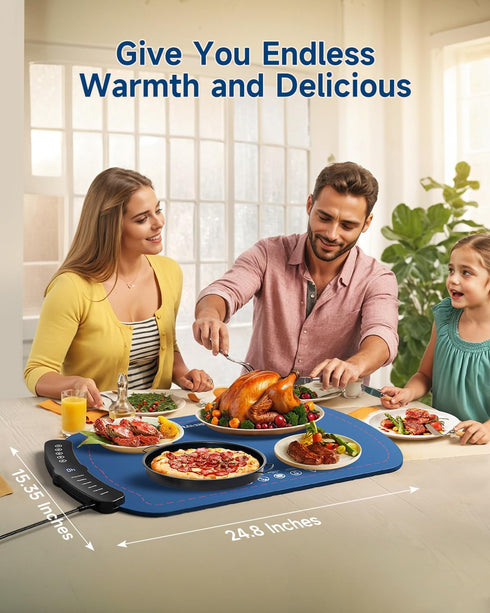 7 Warming Mat for Food, Food Warming Mat with Temp Master Aadjustable Warming Tray, Thermochromic Line, Roll Up Buffet