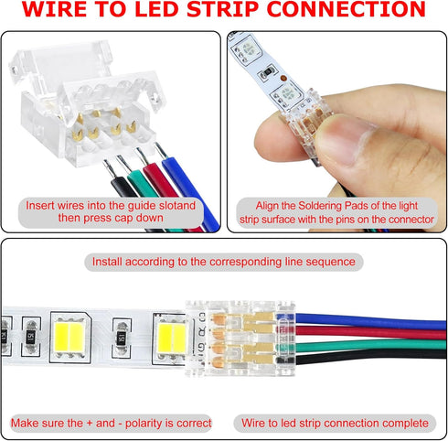 LightingWill 4Pin 10mm, 10 4 5050 RGB LED Connectors PCS Strip to Wire Connector Transparent Solderless, LED Tape Light
