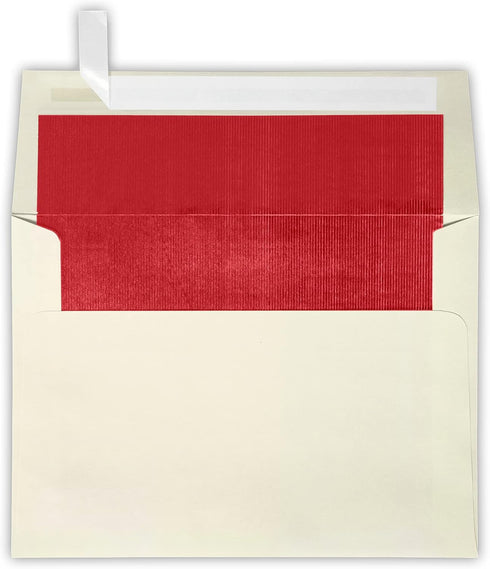LUXPaper A7 Foil Lined Invitation Envelopes | 5 1/4" x 7 1/4" | Peel & Press | Natural w/Red LUX Lining | 50 Qty