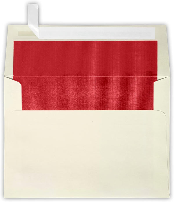 LUXPaper A7 Foil Lined Invitation Envelopes | 5 1/4" x 7 1/4" | Peel & Press | Natural w/Red LUX Lining | 50 Qty