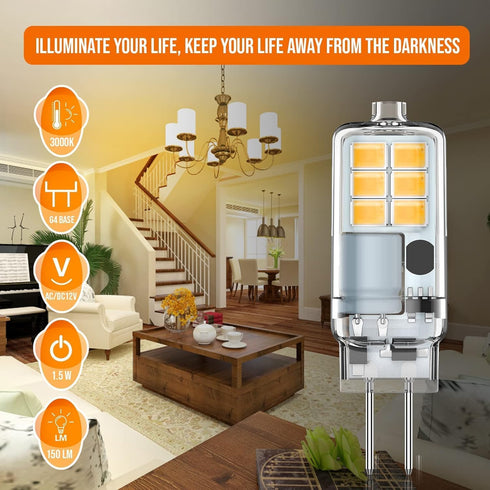 G4 Bulb 12V Bulb 1.5W, 15 G4, Dimmable 3000K 10Pack LED AC/DC, JC Bi-Pin Base Light Equivalent to Watt Halogen Not Warm