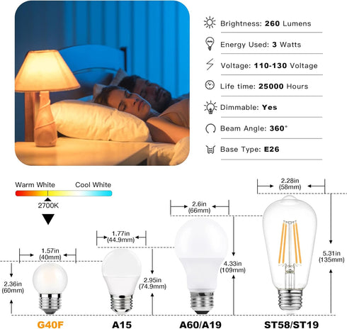 Dimmable LED 3W Small Light Bulb, 25w Equivalent E26 Standard Screw Base, G40 Soft Warm White 2700K 260lm Frosted Lights Bulb for Bathroom, Bedroom, Table Lamp Bulb, Bedside Accent Pack of 6 by Sphoon