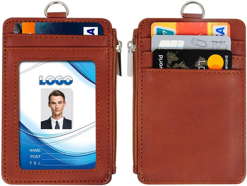 Life-Mate PU Leather ID Badge Holder Wallet Case with Zipper, 5 Card Slots, 19" Neck Lanyard, Heavy Duty Metal Reel