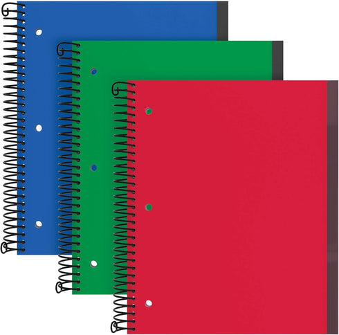 Oxford 3 Pack Spiral Notebook, 3 Subject, Wide Rule, 150 Sheets, Durable Plastic Covers, Red, Green, Blue (89804)