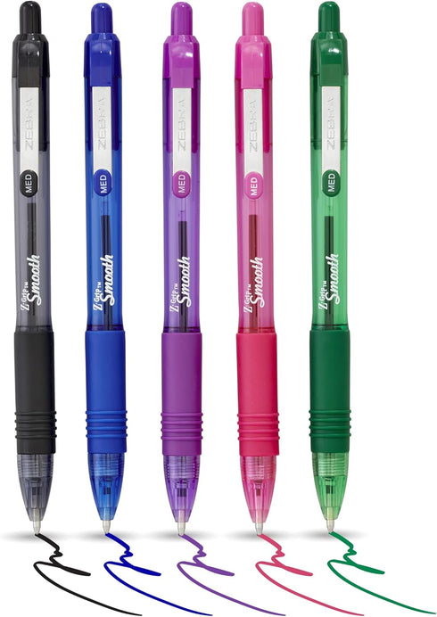 Zebra Pen Z Grip Smooth Multi-Coloured & Black Ballpoint Pens - 5 Pack - Medium Point Retractable Pens