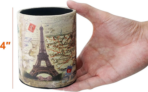 Vintage Pen Pencil Holder Cup, Retro Beige Desk Organizer for Home Office Living Room (Paris Eiffel Tower Round)