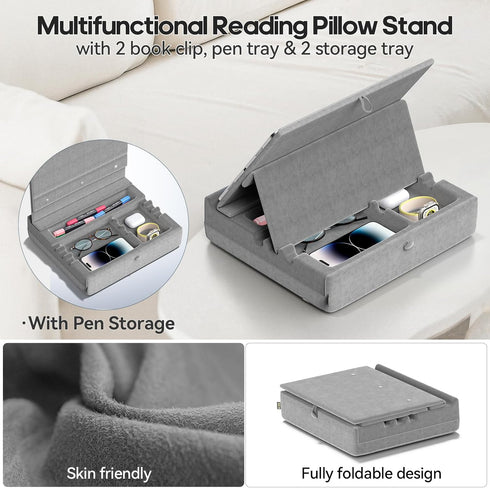 KDD Multi-Angle Book Stand with Storage, Foldable Tablet Holder for Lap, Desk, Bed, Couch, Organizer Tray (4.7"-15")