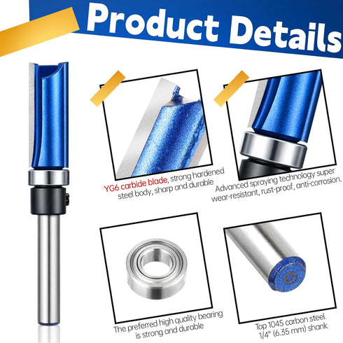 Lyksgir 4 Set 1/4 Inch Set 1/2", 1/2", 3/4", 1", 1-1/2" Pcs Pattern Flush Trim Router Bit Shank, Top Bearing Carbide