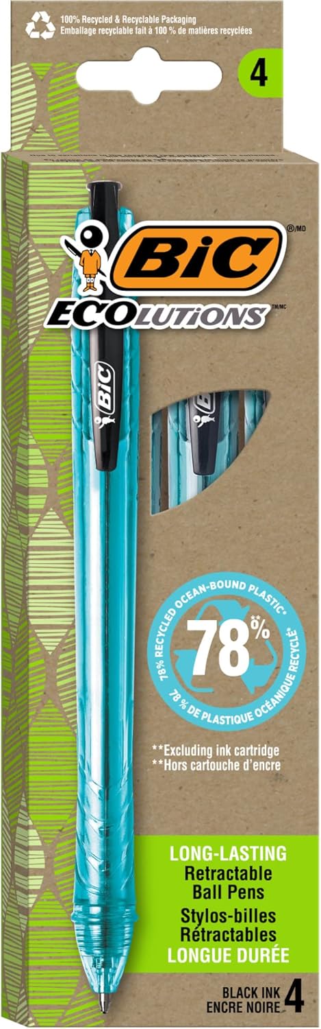 BIC Ecolutions Ocean-Bound Ball Pens, Medium Point (1.0mm), 4-Count Pack, Black Ink