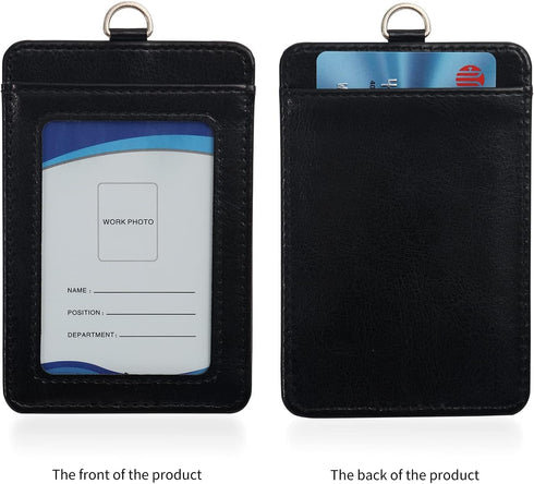 Badge Holder with Detachable Lanyard, Vertical PU Leather ID Holder with Clear ID Window & Card Slot (Black)
