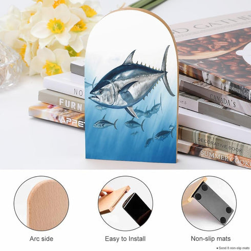 VstaDank 1 Bluefin Tuna Thunnus Bookends for Shelves Non Skid Book Stoppers Universal Economy Bookend Heavy Duty Wood