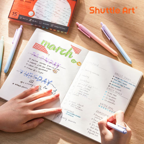Shuttle Art Retractable Pastel Shifting Gel Ink Pens, 15 Pack Black Ink Pens, Cute 0.5mm Fine Point for Writing