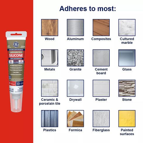 GE Advanced Silicone Caulk for Kitchen & Bathroom - 100% Waterproof Silicone Sealant, 5X Stronger Adhesion, Shrink & Crack Proof - 2.8 fl oz Tube, Clear, 1 Pack
