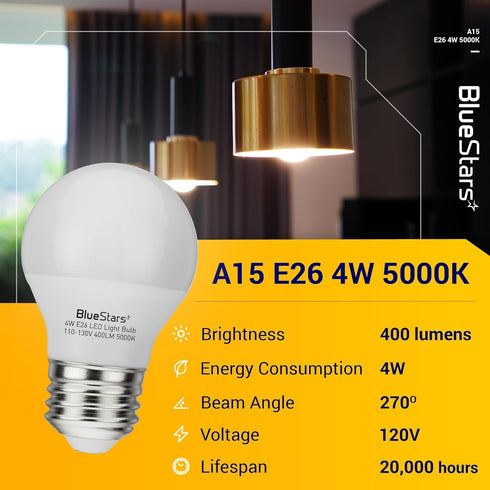 BlueStars A15 LED Refrigerator Light Bulb 4W (40 Watt Equivalent) E26 Base Non-Dimmable 400lm 120V Appliance Bulb, 5000K Daylight, Waterproof for Fridge Freezer Kitchen Bathroom - Pack of 2 by BlueStars