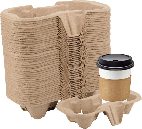 HOZEON 100 Pack 2-Cup Pulp Fiber Drink Carrier, to Go Coffee Cup