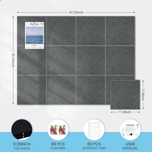 Large Cork Bulletin Board Alternative 48"x36", 12 Pack Felt CorkBoard Tiles with 80 Pushpins for Office Home School