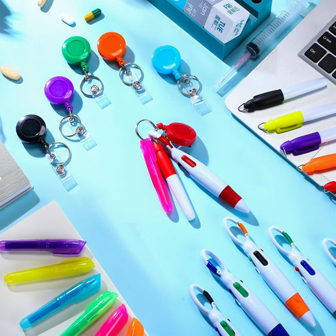 Handepo 80 Pcs Nurse Pen Set - Retractable Shuttle Pens, Marker Pen, Mini Highlighter, LED Keychain Flashlight, Badge
