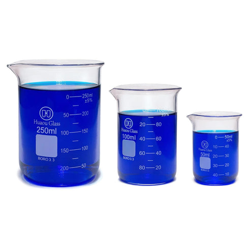 Glass Beakers Set, 50ml 100ml 250ml Lab Glassware with Double Scale, Low Form 3.3 Boro (3pcs)