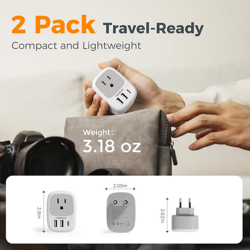 2 Pack 3 (1 European Travel Plug Adapter, TESSAN US to Europe Plug Adapter with USB Ports USB C), Type C Power Outlet