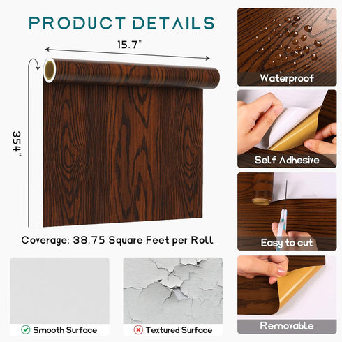 15.7''x354'' Countertops VEELIKE Mahogany Brown Wood Wallpaper Peel and Stick Wood Contact Paper Waterproof Self