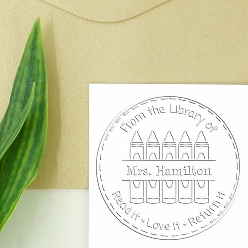 Hybrid Outline Crayons Customized Teacher Library Seal - Teacher Gift Stamp for Personalized Book Stamping