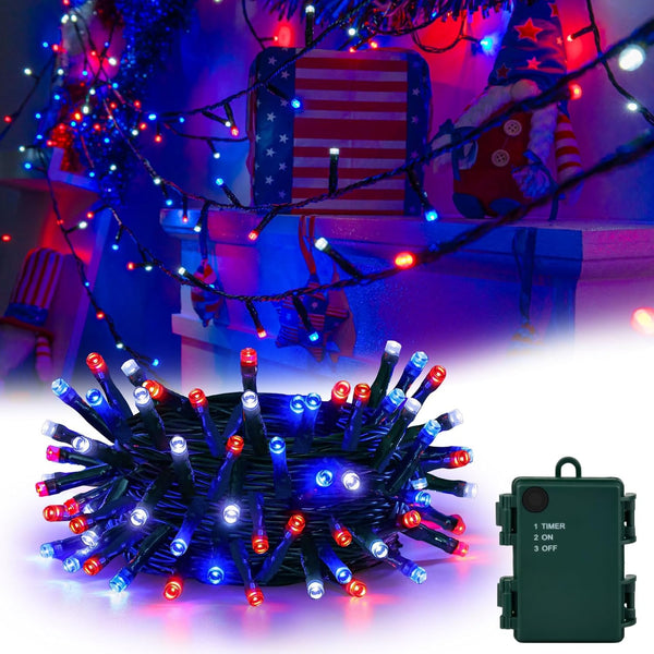 cshare Red White and Blue String Lights Battry Operated with Timer Waterproof, 4th
