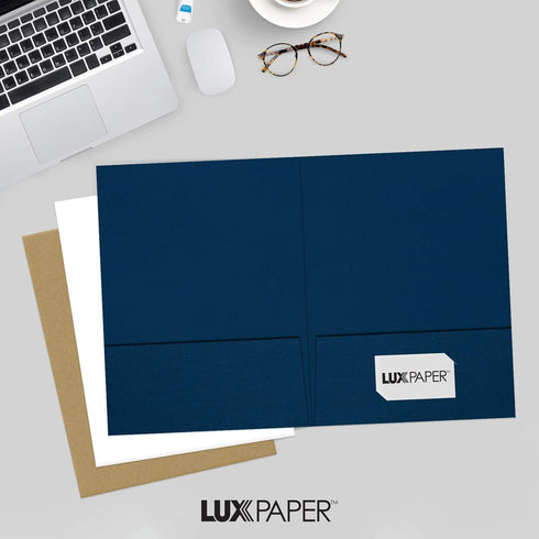 LUXPaper 9" x 12" Presentation Folders, Two Pocket, Nautical Blue Linen, 100lb Cover, 25 Qty