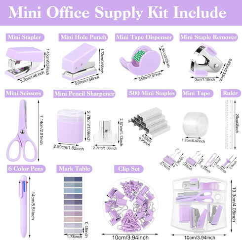 Mini Office Supplies, Purple School Supplies Set with Mini Stapler, Tape Dispenser, Hole Punch, Scissor