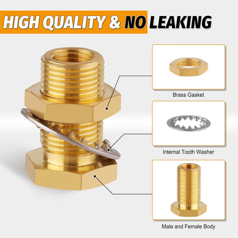 KOOTNAS 2-Pack Solid Brass Bulkhead Fittings, 1/4 NPT Taper Female, 3/4" Straight Male Thread Connector for Water Tank