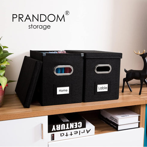 PRANDOM File Organizer Box - Set of 2 Collapsible Decorative Linen Filing Storage with Lids (Black)