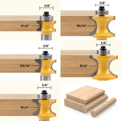 5Pcs Set 1/2 Inch 1/8" 3/16" 1/4" 5/16" 3/8" Newdeli Bullnose Router Bit Shank - Radius - Carbide Bearing Half Round