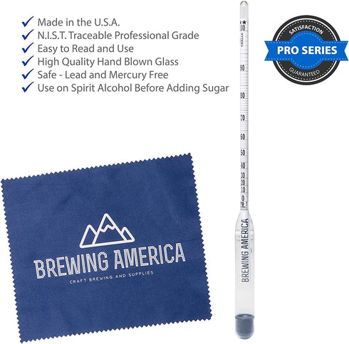 Hydrometer Alcohol Meter Test Kit, 0-200 Proof Pro Series, American-Made with Glass Jar