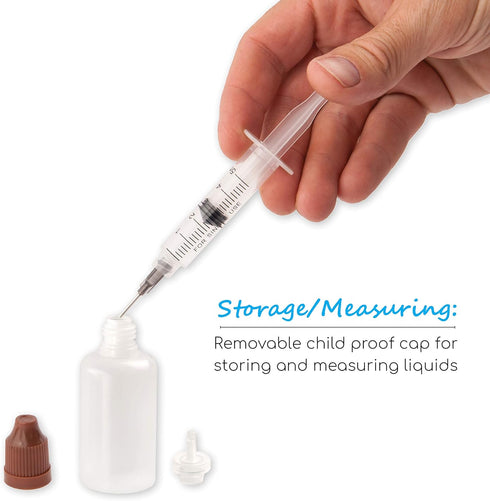 Free Hand Syringe Blunt Tip Needle Set - 10 Syringes, 10 Needles, 10 Caps, 2 Storage Bottles for Measuring Liquids
