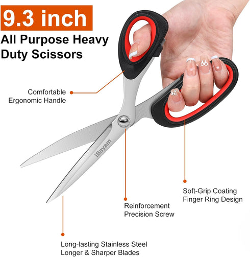 iBayam All Purpose Scissors, 9.3 Inch Heavy Duty Stainless Steel for Cutting Fabric, Leather, Metal