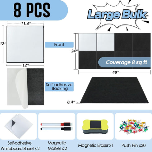 BXI Felt Bulletin Board with Pins & Magnetic Dry Erase Whiteboard Combo, 8 Pcs Self-Adhesive Tiles