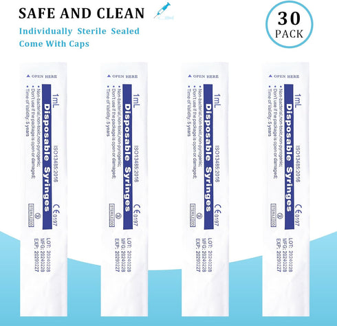 30 Pack 1ml Plastic Syringe with Cap, Sterile, Individually Sealed for Scientific Labs, Watering, Feeding Pets