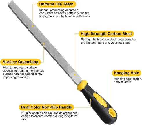 8'' Flat Hand Metal File, Ergonomic Rubberized Handle, High Carbon Steel for Trimming, Removing, Sharpening