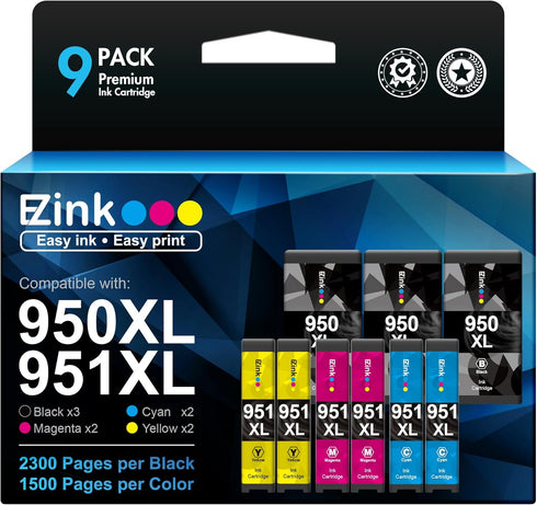 E-Z Ink Combo Pack Replacement Ink Cartridges for HP 950XL 951XL, 9 Pack for OfficeJet Pro 8610, 8600, 8615