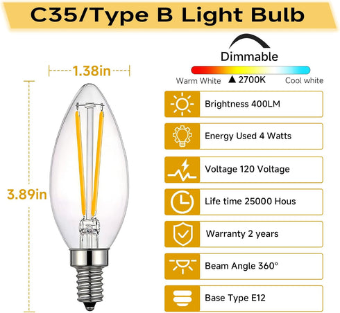 B11/C35 E12 Dimmable Bulb, 4W/40W 2700K 6-Pack LED Filament Candle Equivalent Warm White Clear Glass, Ideal